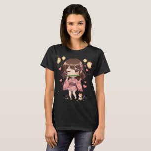 Camiseta Linda Chica Japonesa Chibi Kimono Flauta de Bambú