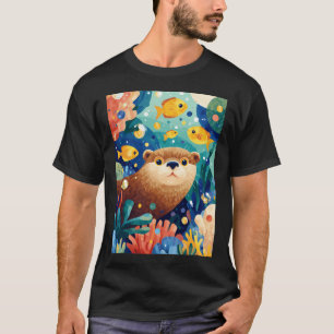 Camiseta Linda nutria marina en un arrecife de coral colori