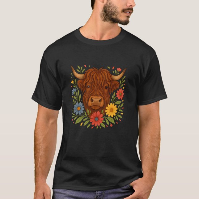 Camiseta Linda vaca de las Highlands con flores primaverale (Anverso)