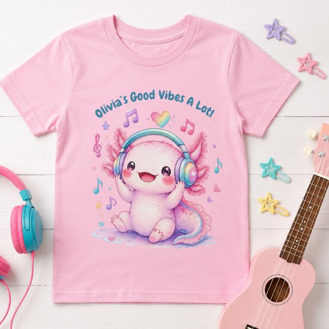 Camiseta Lindo Ajolote Musical Rosa Monogramado (Cute pink kawaii Axolotl with monogrammed name and quote. Music, dance, whimsical.)