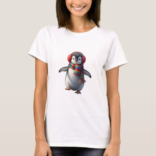 Camiseta Lindo bebé pingüino con bufanda de arcoíris y orej