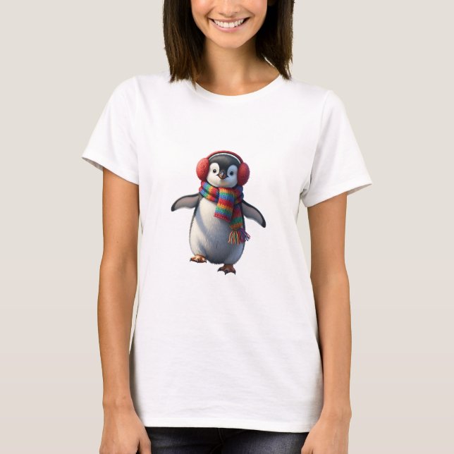 Camiseta Lindo bebé pingüino con bufanda de arcoíris y orej (Anverso)