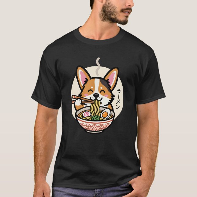 Camiseta Lindo Corgi Comiendo Fideos Ramen Comida Japonesa (Anverso)