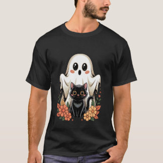 Camiseta Lindo Fantasma Retro Gato Negro Floral Halloween E