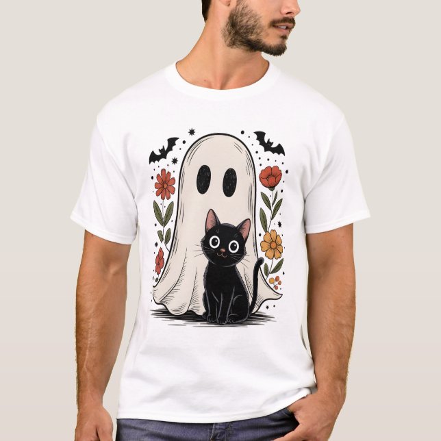Camiseta Lindo fantasma y gato de Halloween (Anverso)