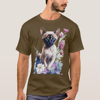Camiseta lindo gatito tonkinés frente a las flores vibrante
