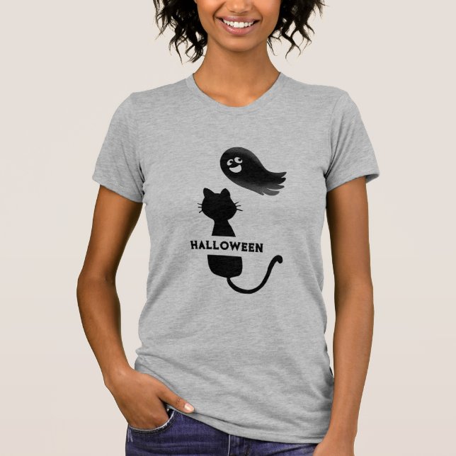 Camiseta lindo gato negro fantasma mujer de halloween T-Shi (Anverso)