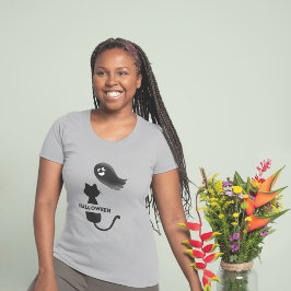 Camiseta lindo gato negro fantasma mujer de halloween T-Shi