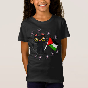Camiseta lindo gato negro sostiene bandera palestina