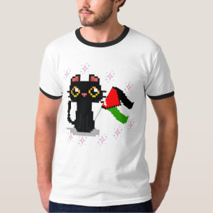 Camiseta lindo gato negro sostiene la bandera de Palestina