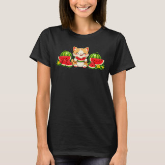 Camiseta Lindo Gato Sandía Kawaii Verano Dibujos Animados