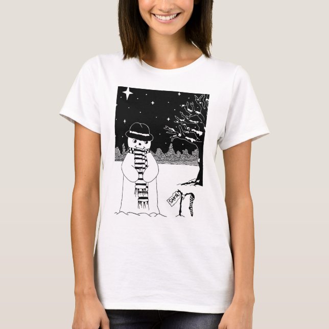 Camiseta lindo hombre de nieve blanco y negro en los Navida (Anverso)
