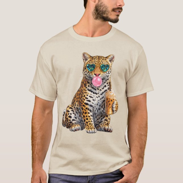Camiseta Lindo leopardo con gafas de sol de corazón de café (Anverso)
