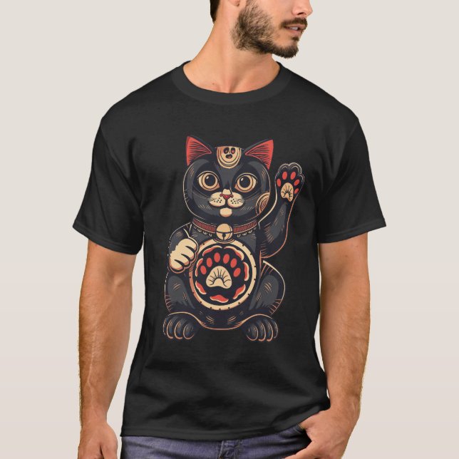 Camiseta lindo Maneki Neko gato impreso en japonés (Anverso)