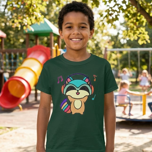 Camiseta Lindo mapache bebé Kawaii sonriente con auriculare (Cute smiling Kawaii Baby Raccoon with Headphones. Boy Basic Green T-Shirt)
