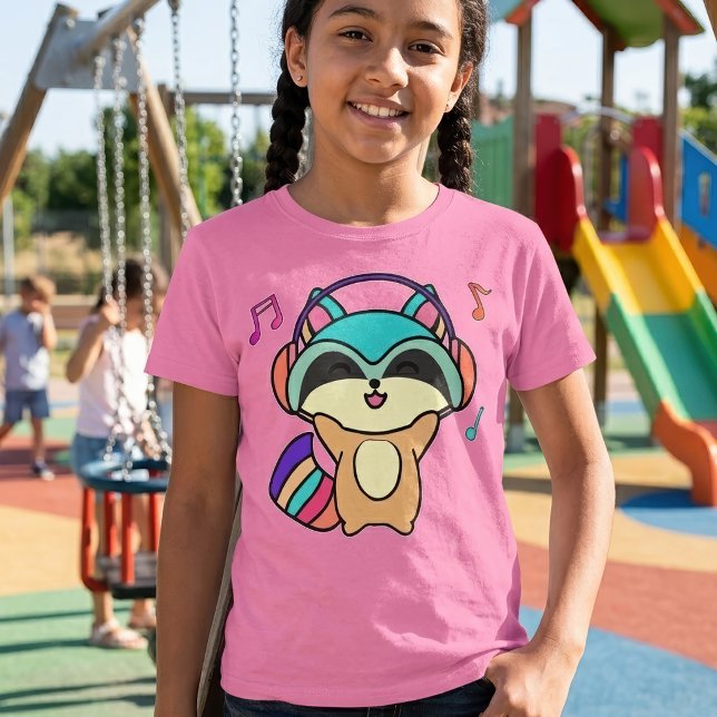 Camiseta Lindo mapache bebé Kawaii sonriente con auriculare (Cute smiling Kawaii Baby Raccoon with Headphones. Girl Basic Pink T-Shirt)