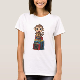 Camiseta Lindo Mono Músico de Dibujos Animados Tocando Ukul
