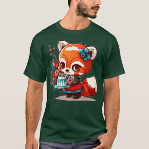 Camiseta lindo panda chibi rojo en un vestido