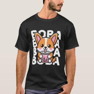 Camiseta Lindo perro Corgi bebiendo té Boba Kawaii Cartoon