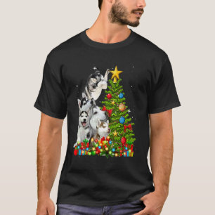 Camiseta Lindo perro husky luces de árbol de Navidad mascot