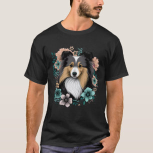 Camiseta Lindo perro Sheltie jardín de flores florales de p