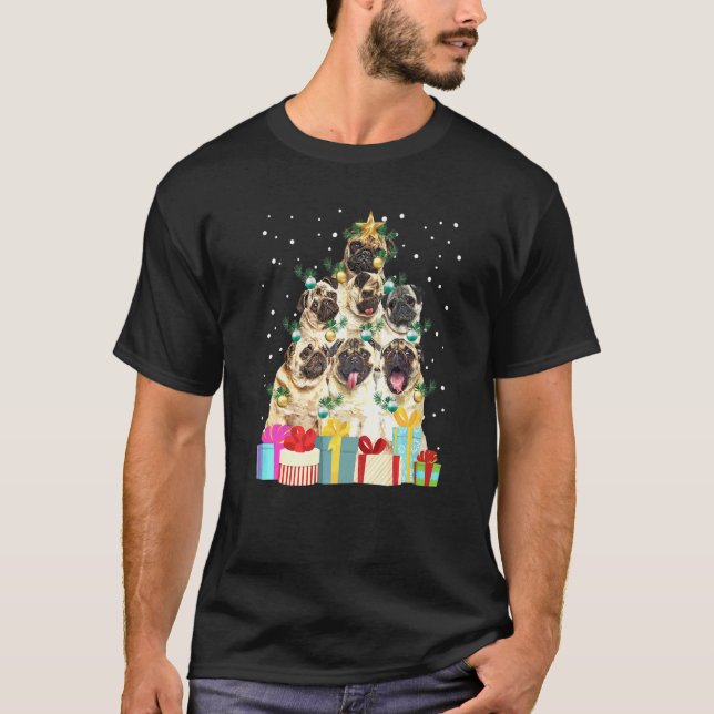 Camiseta Lindo Pug Perro Luces De Navidad Árbol De Navidad  (Anverso)