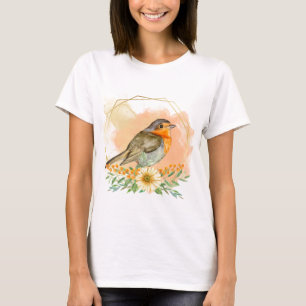 Camiseta Lindo Robin y Flores Silvestres en Acuarela 