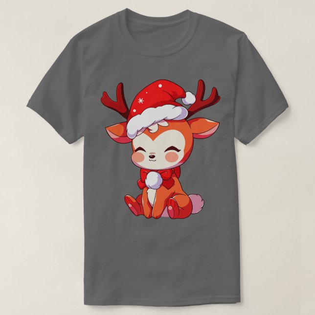 Camiseta lindos navidades de Kawaii renos en santa hat 1 (Diseño del anverso)