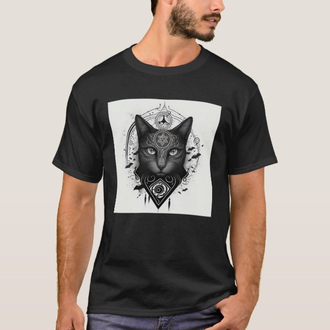 Camiseta Line Gothic Cat with Wiccan and Occult Symbols  1 (Anverso)