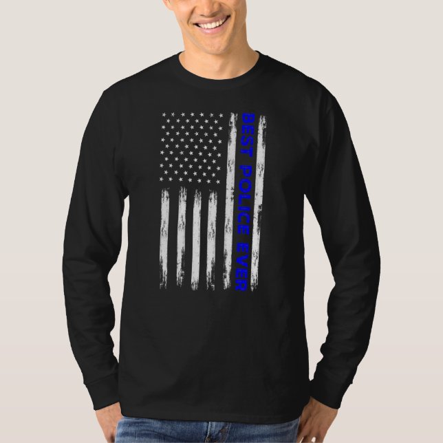 Camiseta Línea Azul Mejor Policía Con Bandera Estadounidens (Anverso)
