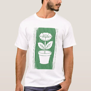 Camiseta Línea de Arte Retro Verde Minimalista de Maceta de