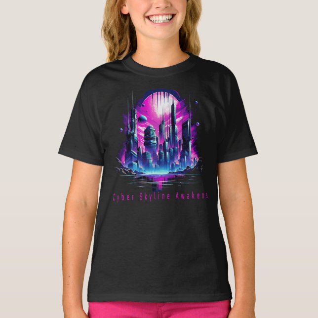 Camiseta Línea de Skyline Neon Futurista CyberScape (Anverso)