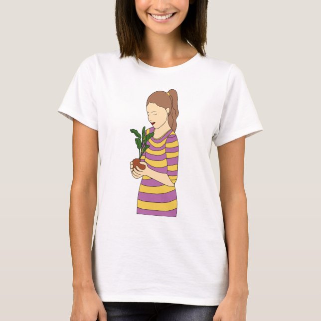 Camiseta Línea mínima de arte de Chica con planta de poto (Anverso)
