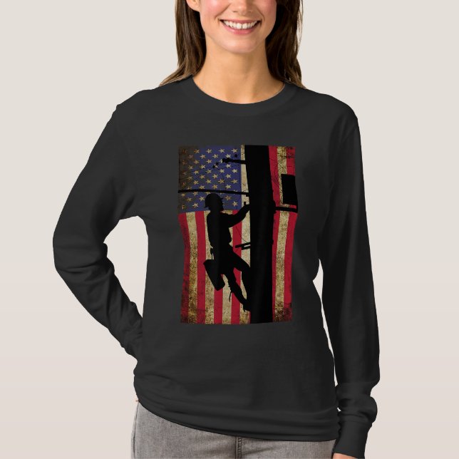 Camiseta Lineman American Flag Electric Cable Lineman Gift (Anverso)