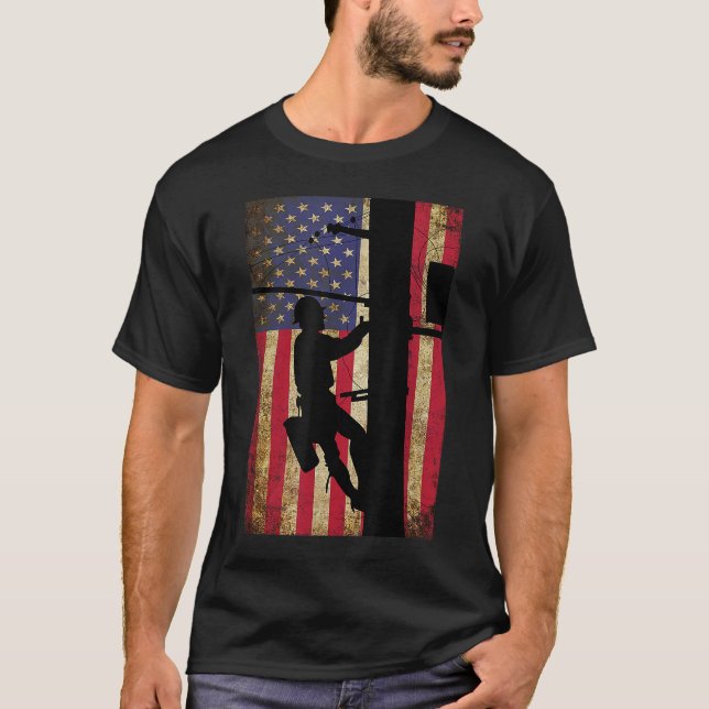Camiseta Lineman American Flag Electric Cable Lineman Gift (Anverso)