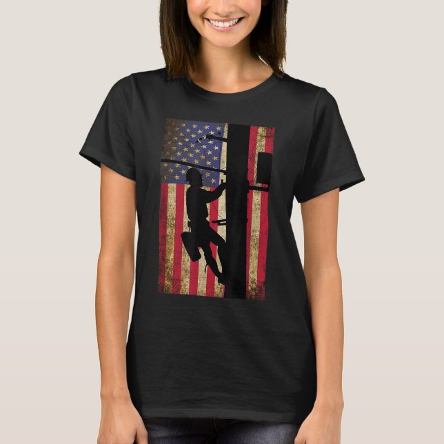 Camiseta Lineman American Flag Electric Cable Lineman Gift (Anverso)
