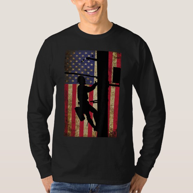 Camiseta Lineman American Flag Electric Cable Lineman Gift (Anverso)