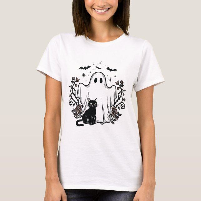 Camiseta Linocut vintage Spookan Cat & Ghost (Anverso)