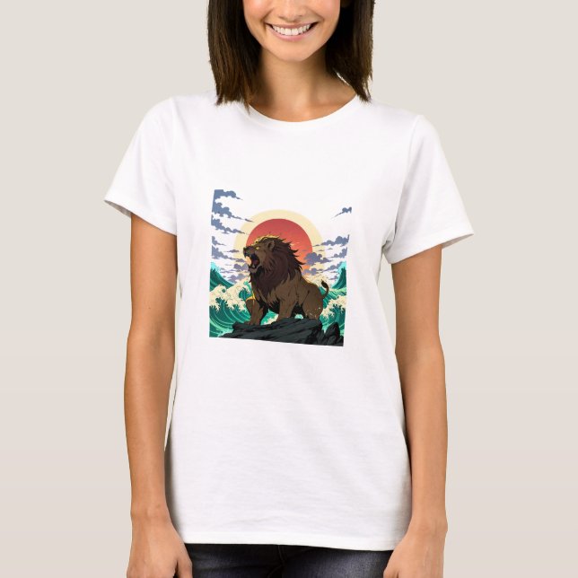 Camiseta Lion Wave Art - Ukiyo-e Sunset Design (Anverso)