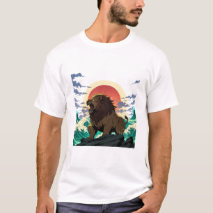 Camiseta Lion Wave Art - Ukiyo-e Sunset Design
