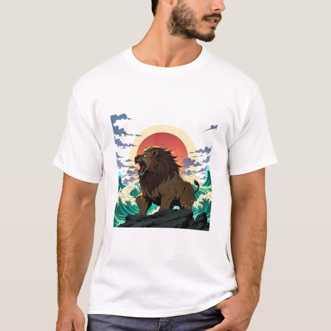 Camiseta Lion Wave Art - Ukiyo-e Sunset Design (Anverso)