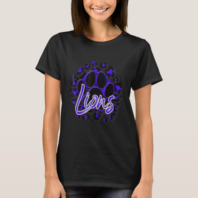 Camiseta Lions Purple Black Cheetah School Sports Fan Team  (Anverso)