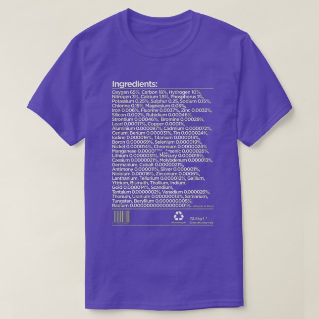 Camiseta Lista de ingredientes químicos humanos (Diseño del anverso)