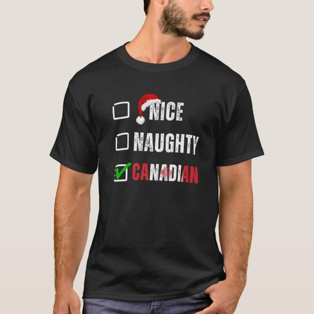 Camiseta Lista de Navidad Canadiense Bonito Travieso Santa  (Anverso)