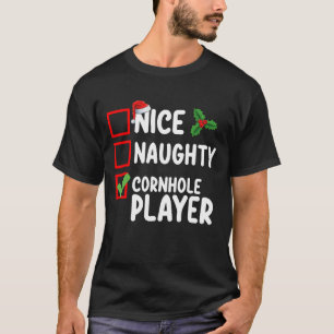 Camiseta Lista de Navidad de Jugador de Cornhole Bueno Malo