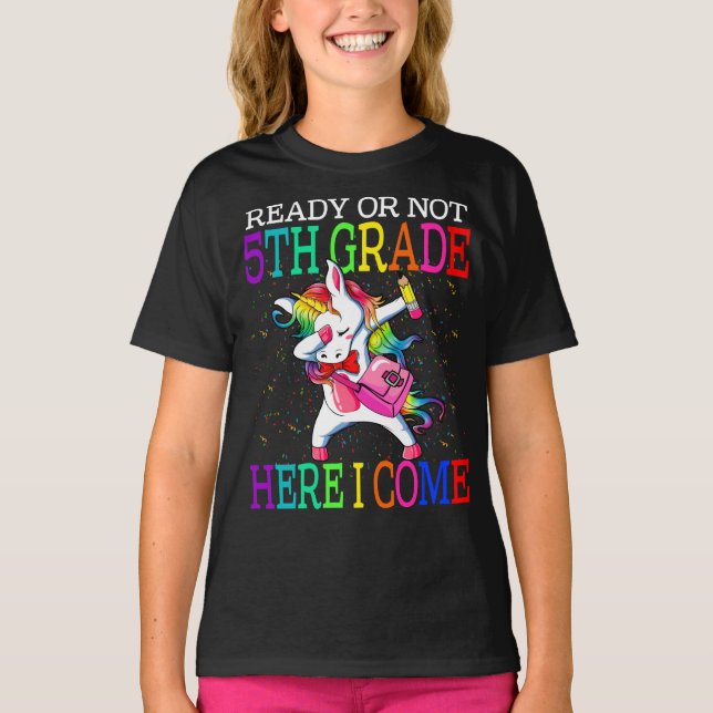 Camiseta Listo O No 5º Grado Aquí Vengo Unicorn (Anverso)