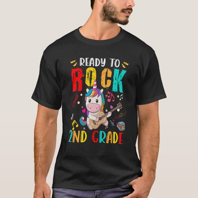 Camiseta Listo Para Rock 2º Grado Unicornio Tocando Guitarr (Anverso)