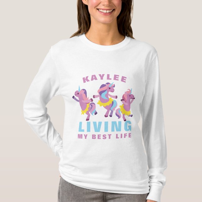 Camiseta Living My Best Life Pink Purple Dancing Unicorn (Anverso)