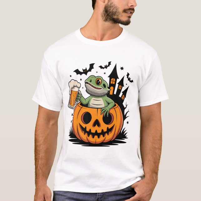 Camiseta Lizard con barba en calabaza con cerveza (Anverso)