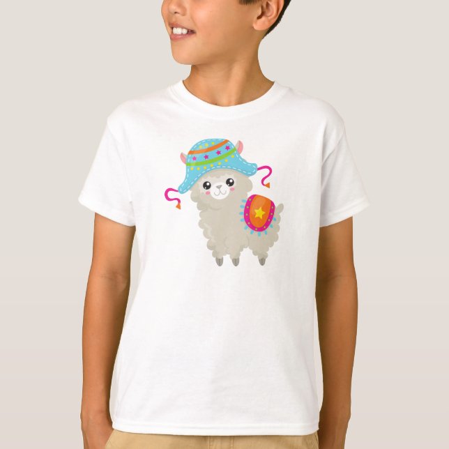 Camiseta Llama Cute, Pequeña Llama, Alpaca, Llama Con Gorra (Anverso)
